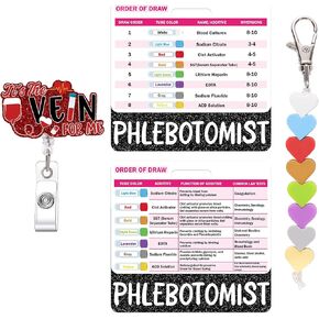 Phlebotomy Badge Reel and Order of Draw Badge Card, Medical Retractable ID Holder and Buddy Card with Heart-Shaped Beaded Keychain, Phlebotomy Essentials Phlebotomist Gifts