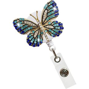 Blue Butterfly Rhinestones Retractable Badge Reel, Diamond Nurse Badge Holder Reels with Swivel Alligator Clip Badge Holders for Teachers Students Volunteers Employees,Office and School Supplies