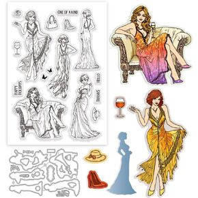 GLOBLELAND Fashion Woman Clear Stamp and Cutting Dies Set for Card Making Elegant Lady Dress Wine Glass Hat Bag Silicone Clear Stamp Metal Butterfly Die Cuts for DIY Scrapbooking Photo Album