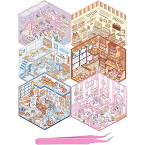 Girls 3D Miniature Scene Stickers, 6 Sets World Travel DIY House Stickers for Museun, Hotel, Magic House, Drive-In Restaurant, Cute 3D Cartoon Sticker Scenes for Adult Kids Relief Stress Pass The Time