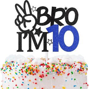 Bro I'm 10 Cake Topper, 10th Birthday Decorations for Boy, Glitter Funny 10th Birthday Cake Topper, Big Brother 10 Year Old Birthday Party Decoration Supplies