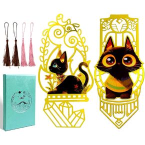 2 Pieces Metal Hollow-out Bookmarks with Tassel, Golden Cute Cat Theme for Reading Women, Men, Book Lovers, Teachers, Teen - Reading Accessories with Box