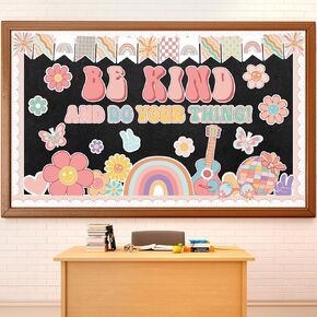 Boho Groovy Classroom Bulletin Board Be Kind and Do Your Thing Decoration Set Back to School Retro Rainbow Cutouts for Kindergarten School Office Home Wall Chalkboard Teacher Supplies