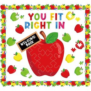 Pasimy Back to School Bulletin Board Decorations Set Apple Puzzle Pieces Paper Cutouts Borders Motivational You Fit Right in Welcome Back Classroom Decorations First Day of School Party Supplies
