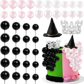 Morofme 42pcs Witch Theme Cake Decorations Black Witch Hat Cake Toppers Crown Decor Black and Pink Balloons Cupcake Topper for Fantasy Theme Birthday Halloween Party Supplies