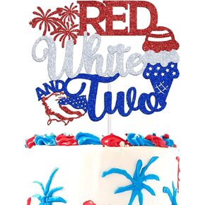 Red White and Two Cake Topper - 4th of July Birthday Cake Decor, Red Blue Star Photo Props, Patriotic Independence Day 2nd Birthday Party Decorations Supplies