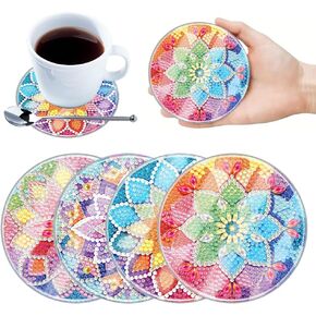4 Pcs Diamond Art Coaster Kit with Cover, Waterproof Diamond Painting Coasters Round, Colorful Flower Diamond Art Kits for Dining Table Kitchen Home Office Decor Crafts Gift