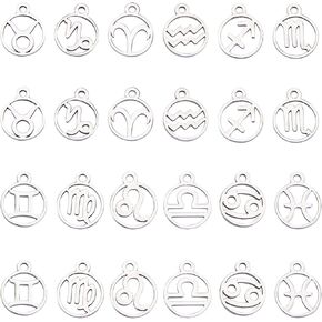 SUNNYCLUE 1 Box 24Pcs 12 Constellation Zodiac Signs Charms Flat Round Stainless Steel Charms for DIY Making Bracelets Necklaces Earrings Accessories 0.5x0.4inch, Hole: 1.5mm
