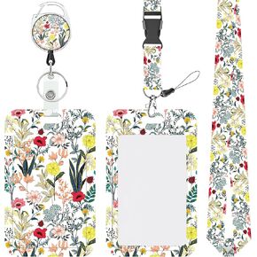 Cactus Plants Floral Lanyards for ID Badges Retractable Badge Holder Removable Lanyard Keychain Vertical ID Protective Holder for Nurse Teacher Student Office