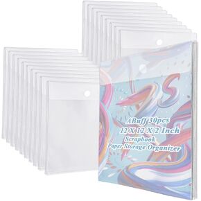 30 Pieces 12x12 Inch Scrapbook Paper Storage Organizer with Hook and Loop Closure Plastic Paper Holder Craft Papers Storage for Holding Scrapbook Papers, Vinyl Paperr, Photos, Documents, Clear