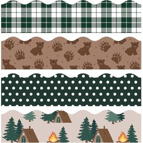 60Pcs Camping Hiking Bulletin Board Borders Back to School Border Trim Self Adhesive Plaid Dots Camping Fire Sticker Decals for Home Classroom Party Wall Decor