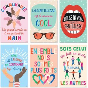 S&O Kindness Classroom Posters for French Student - Inspirational Prints for Study area- Growth Mindset Wall Art for Workshop - Cadeau Professeur en Francais - Teacher Decor for Study hall - 6PC