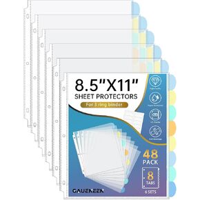 48 Pcs Clear Sheet Protectors with Tabs for 3 Ring Binder, Binder Dividers with 8 Tabs, Clear Plastic Notebook Page Dividers with Pockets, 6 Sets
