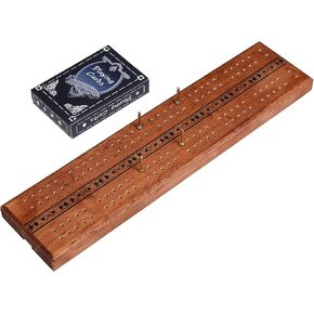 STERLING Games Wooden Cribbage 12 inch Double Track Cribbage Board Playing Cards Included, Wood Burnt Unique Poker Design Cribbage Board for 2 Persons