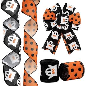 Halloween Wired Edge Ribbon 2.5 Inch 20 Yards Orange Black Ghost Dots Ribbon Spooky Gift Wrap Ribbon for Bow Wreath Craft Party Decor, 2 Roll