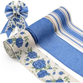 Vintage Blue Rose Wired Ribbon – 3 Rolls Sheer Floral Ribbon for Wedding Decor, Gift Wrapping, DIY Bows – Spring/Summer Decor