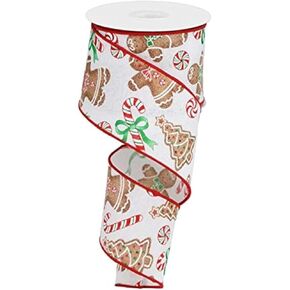 Gingerbread with Candy Canvas Wired Edge Ribbon - 10 Yards (White, 2.5")