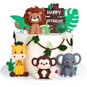23pcs Safari Animal Cake Topper, Jungle Wild Animals Cake Toppers Safari Baby Shower Cake Decoration with Leaves Balls Monkey Giraffe Lion Elephant Figurines for Jungle Animals Theme Party Decorations