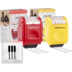 LEGILINER Set of 2 Tri-Lined Dashed Handwriting Teacher Stamps – 3/4" Red & 1/2" Yellow with Free Ink Refill. Classroom, Homework & Home Use. Refillable Ink Writing Practice Roller Stamp Set.