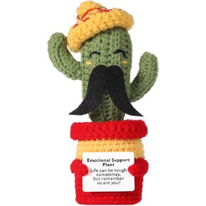 Funny Positive Cactus Crochet Potato Toy, 6.69 Inch with Mustache Knitted Fabric with Encouragement Card Wool Emotional Support Plush Plant Doll for Party Gifts Mexican Cinco de Mayo Carnivals
