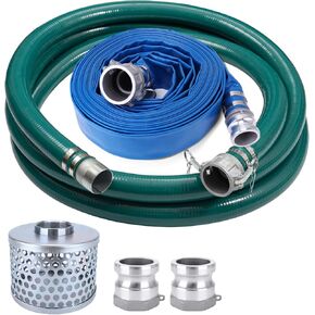2 Inch Suction Hose Pump Kit for Water/Trash Pump Includes 2" X 20ft Blue Pvc Suction Hose & 2" X 65ft Blue Discharge Hose & Aluminum Round Hole Suction Strainer, Cam And Groove Adapter