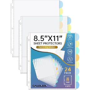 24 Pcs Clear Sheet Protectors with Tabs for 3 Ring Binder, Binder Dividers with 8 Tabs, Clear Plastic Notebook Page Dividers with Pockets, 3 Sets