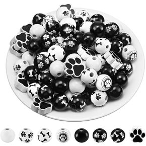 Halloscume 96 pcs Dog Paw Printed Wooden Beads 16mm Wood Round Beads for Pet Dogs Family Parent-Child Gifts Jewelry Making DIY Pets Home Party Decoration Bracelet Decor Necklace Memorial Gift