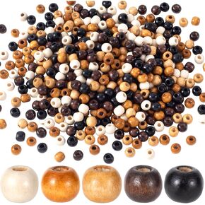 100pcs Large Hole Wooden Beads 9x10mm, Halloween Natural Wood Hair Bead, 5 Colors Round Macrame Loose Spacer Beads for Necklace Bracelet Jewelry Making DIY Craft