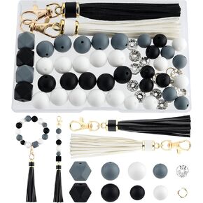 NEBURORA Silicone Beads for Keychain Making Kit, Gray, Royal Blue, Light Blue Beads with Leather Tassels Round Beads for Bracelets Crafts Beadable Pens Decorations Jewelry Making