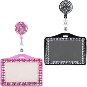 2Pcs Bling ID Badge Holder Rhinestones Badge Holder Rhinestone ID Small Reel Cute Bling Crystal Reel Card Crystal Retractable Lanyard for Office Business Home Student Kids Women Teacher Travel