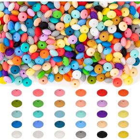 450 PCS 12mm Silicone Lentil Beads for Keychain, Bracelet, Necklace, and Pens Making 30 Colors Loose Silicone Beads Bulk for DIY Crafting
