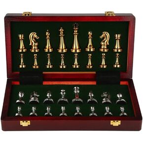 11Inch Large Deluxe Metal Chess Set - Portable Wooden Box with Alloy Pieces, Folding Board, Ideal for Adults