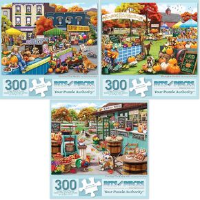 Bits and Pieces – Value Set of Three 300 Piece Jigsaw Puzzles for Adults – Harvest Flea Market, Pumpkin Festival, Visiting The Cider Mill Artist Nancy Wernersbach, Completed Puzzle Size: 18" x 24"
