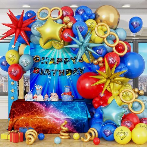 Red Blue and Gold Hedgehog Birthday Party Decorations with Diamond Balloons and Birthday Banner - Cartoon Hedgehog Balloon Arch and Party Supplies in Saudi Arabia