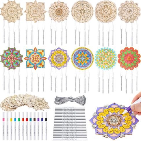 Potchen 18 Sets Mandala Wind Chimes Craft Art Kit for Adult Color Your Own Wind Chime DIY Unfinished Wood Hanging Ornaments Coloring Window Chime for Adult Gifts Home and Party Supplies in Saudi Arabia