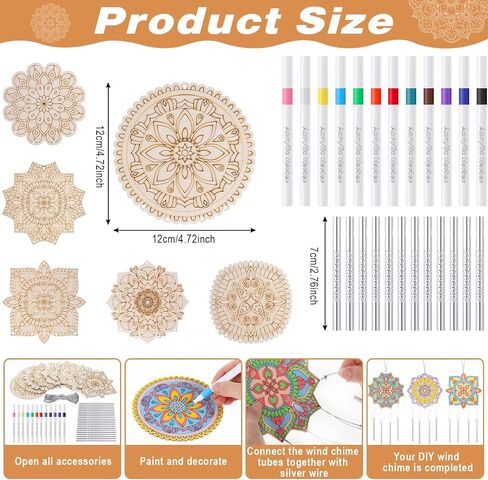 Potchen 18 Sets Mandala Wind Chimes Craft Art Kit for Adult Color Your Own Wind Chime DIY Unfinished Wood Hanging Ornaments Coloring Window Chime for Adult Gifts Home and Party Supplies in Saudi Arabia