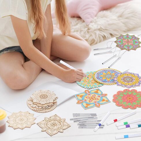 Potchen 18 Sets Mandala Wind Chimes Craft Art Kit for Adult Color Your Own Wind Chime DIY Unfinished Wood Hanging Ornaments Coloring Window Chime for Adult Gifts Home and Party Supplies in Saudi Arabia