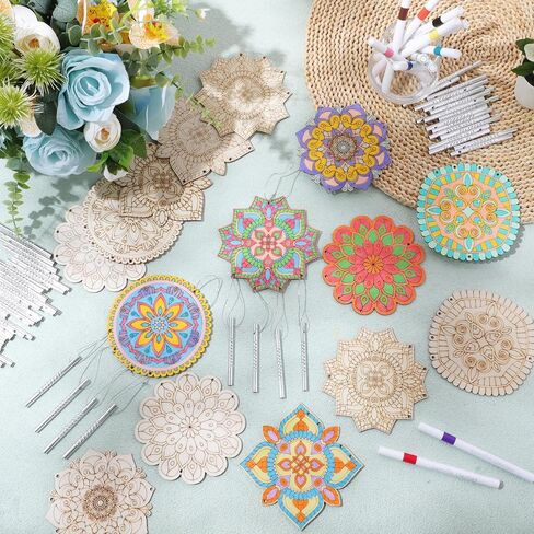 Potchen 18 Sets Mandala Wind Chimes Craft Art Kit for Adult Color Your Own Wind Chime DIY Unfinished Wood Hanging Ornaments Coloring Window Chime for Adult Gifts Home and Party Supplies in Saudi Arabia