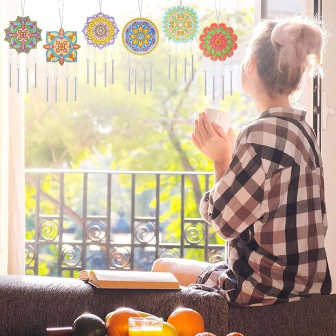 Potchen 18 Sets Mandala Wind Chimes Craft Art Kit for Adult Color Your Own Wind Chime DIY Unfinished Wood Hanging Ornaments Coloring Window Chime for Adult Gifts Home and Party Supplies in Saudi Arabia