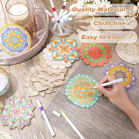 Potchen 18 Sets Mandala Wind Chimes Craft Art Kit for Adult Color Your Own Wind Chime DIY Unfinished Wood Hanging Ornaments Coloring Window Chime for Adult Gifts Home and Party Supplies in Saudi Arabia