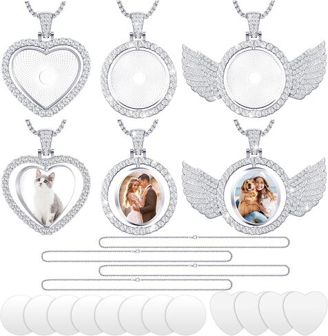 Junkin 24 Pcs Sublimation Rhinestone Trays Pendant Set, Including 6 Double Sided Blank Rhinestone Bezel Trays, 6 Pcs Thick Chains with 12 Sublimation Discs for Making in Saudi Arabia