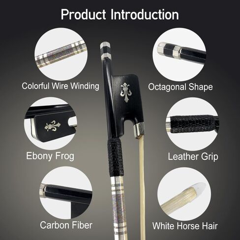 4/4 Viola bow Carbon Fiber Ebony Frog Natural bow hair Well Balanced Lightweight Strong Fleur de lis Inlay in Kuwait