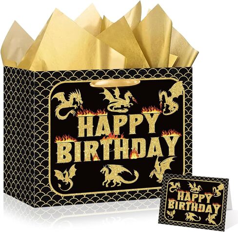 حقيبة هدايا عيد ميلاد Yomaiha Dragon مع ورق الأنسجة وبطاقة الترحيب Black Gold Dragon Dragon Wrapping Paper Party Party Favors Goodie Bag for Boys Girls Party Supplies 11.8 × 9.4 × 5.3 بوصة in Saudi Arabia