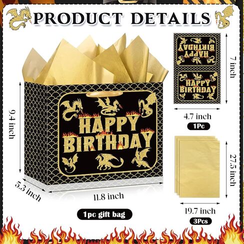 حقيبة هدايا عيد ميلاد Yomaiha Dragon مع ورق الأنسجة وبطاقة الترحيب Black Gold Dragon Dragon Wrapping Paper Party Party Favors Goodie Bag for Boys Girls Party Supplies 11.8 × 9.4 × 5.3 بوصة in Saudi Arabia