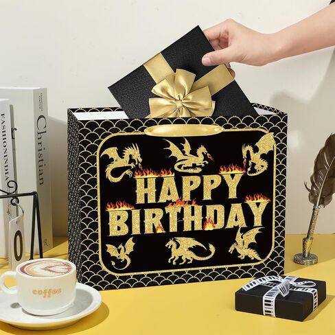 حقيبة هدايا عيد ميلاد Yomaiha Dragon مع ورق الأنسجة وبطاقة الترحيب Black Gold Dragon Dragon Wrapping Paper Party Party Favors Goodie Bag for Boys Girls Party Supplies 11.8 × 9.4 × 5.3 بوصة in Saudi Arabia