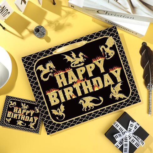 حقيبة هدايا عيد ميلاد Yomaiha Dragon مع ورق الأنسجة وبطاقة الترحيب Black Gold Dragon Dragon Wrapping Paper Party Party Favors Goodie Bag for Boys Girls Party Supplies 11.8 × 9.4 × 5.3 بوصة in Saudi Arabia