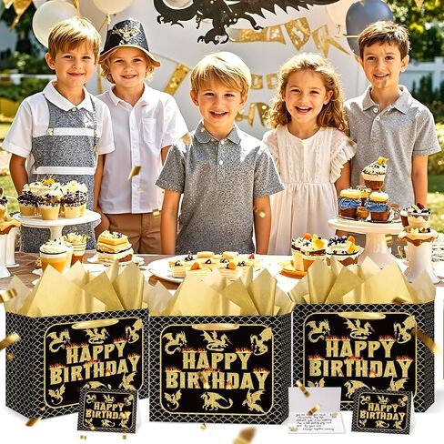 حقيبة هدايا عيد ميلاد Yomaiha Dragon مع ورق الأنسجة وبطاقة الترحيب Black Gold Dragon Dragon Wrapping Paper Party Party Favors Goodie Bag for Boys Girls Party Supplies 11.8 × 9.4 × 5.3 بوصة in Saudi Arabia