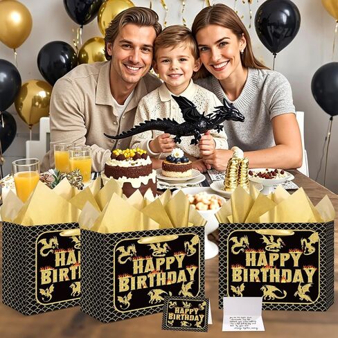 حقيبة هدايا عيد ميلاد Yomaiha Dragon مع ورق الأنسجة وبطاقة الترحيب Black Gold Dragon Dragon Wrapping Paper Party Party Favors Goodie Bag for Boys Girls Party Supplies 11.8 × 9.4 × 5.3 بوصة in Saudi Arabia