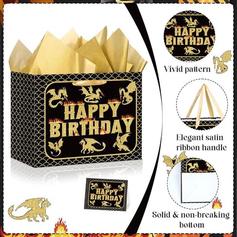 حقيبة هدايا عيد ميلاد Yomaiha Dragon مع ورق الأنسجة وبطاقة الترحيب Black Gold Dragon Dragon Wrapping Paper Party Party Favors Goodie Bag for Boys Girls Party Supplies 11.8 × 9.4 × 5.3 بوصة in Saudi Arabia
