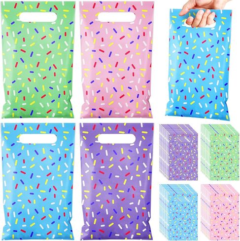 Sweetude 48 Pieces Plastic Donut Confetti Gift Bags Bulk Ice Cream Candy Goodie Treat Bags with Handle for Summer Party Favor Supplies Decoration in Saudi Arabia